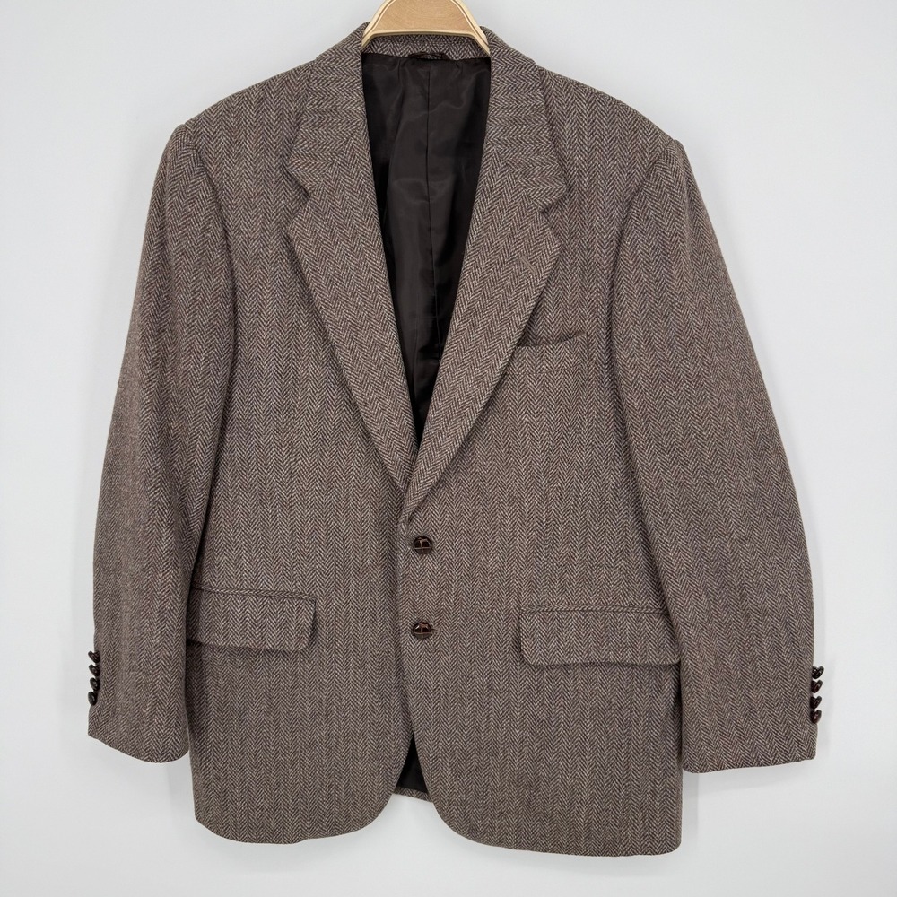 Oakton II Blazer Sport Coat Mens 42R Brown Herringbone Wool Excellent Vintage